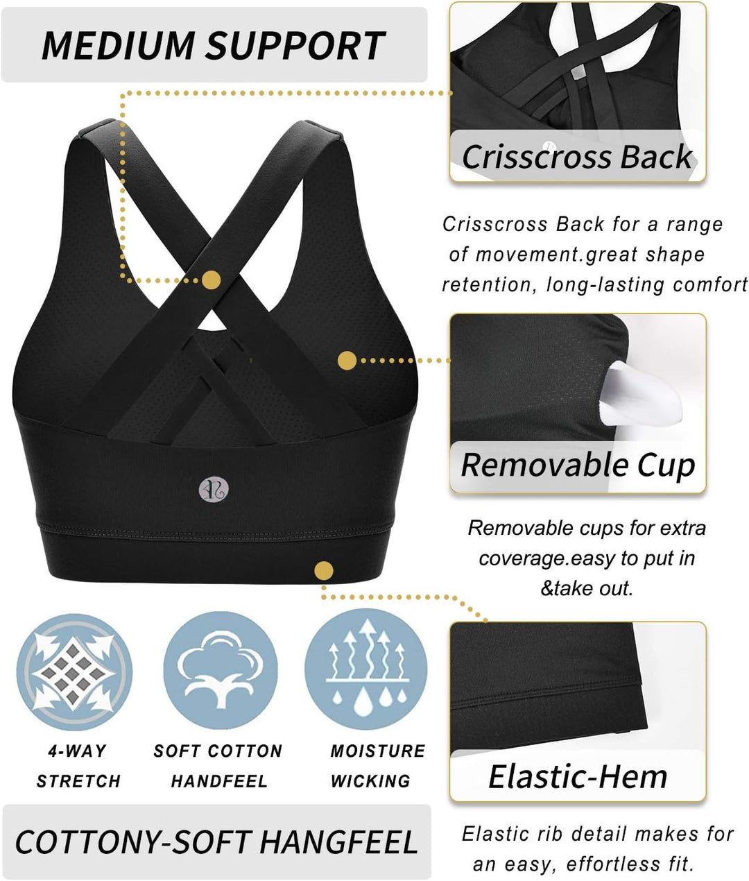 Criss-Cross Back Padded Strappy Sports Bras Medium Support Yoga Bra with Removable Cups