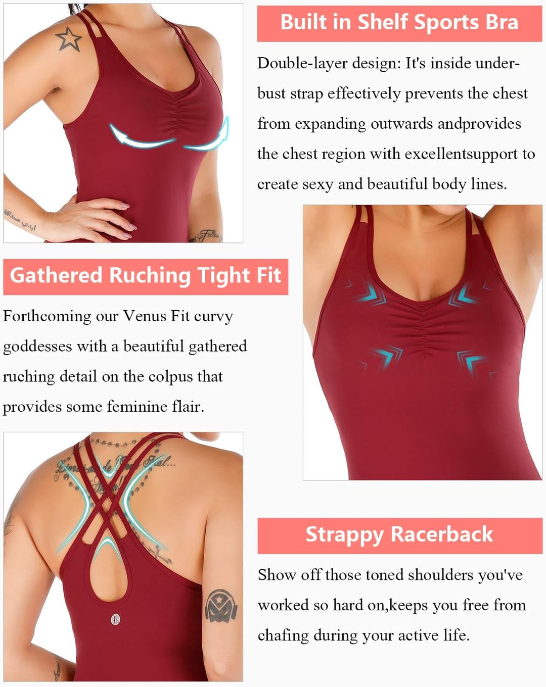 RUNNING GIRL Yoga Tank Tops for Women Built in Shelf Bra B/C Cups Strappy Back Activewear Workout Compression Tops