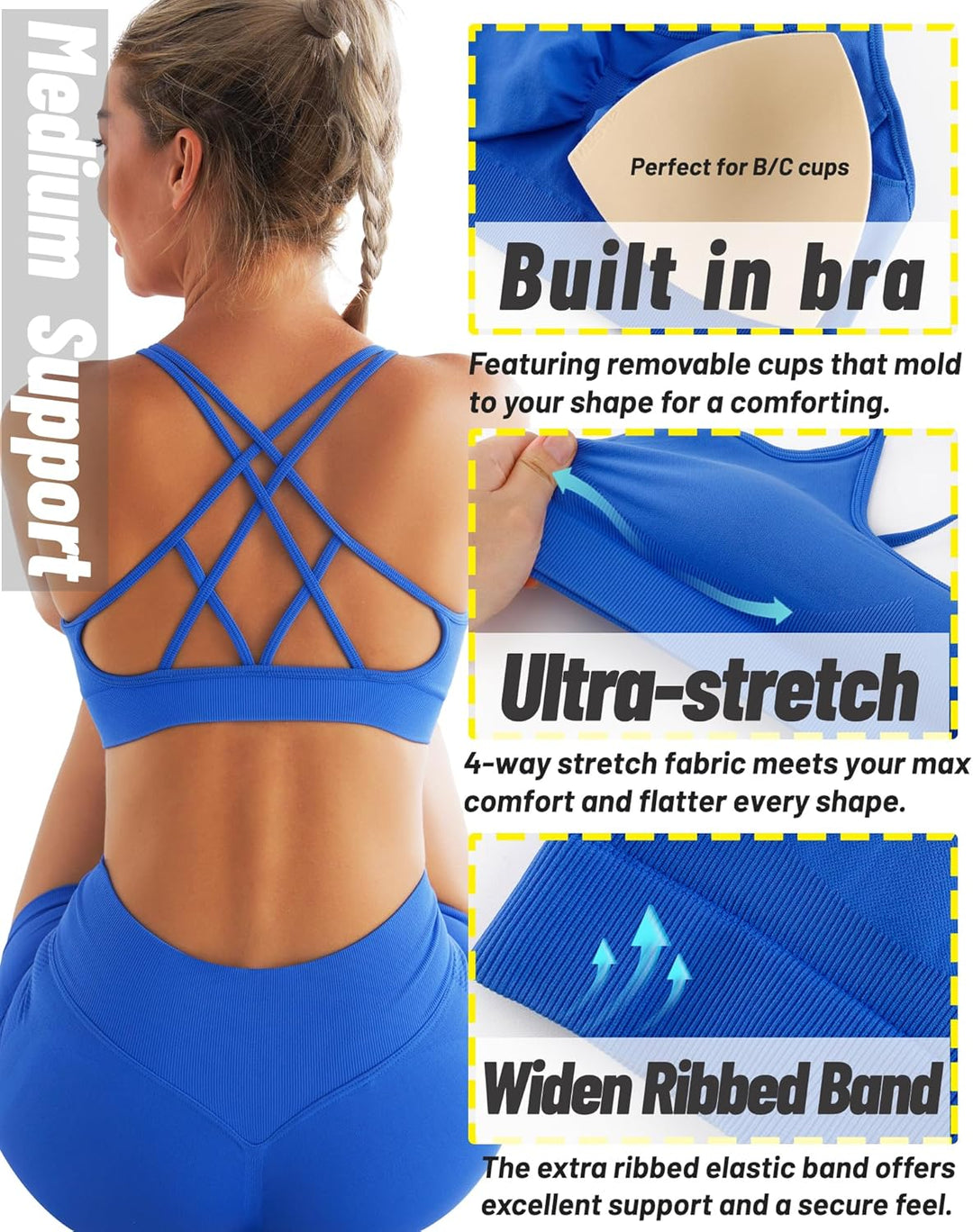 Padded Strappy with Removable Cups Medium Support Workout Yoga Gym Bra