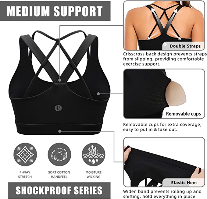 Cathalem Sports Bra Set Medium Support Cross Back Wirefree Removable Cups  Yoga Sport Bra,Black XXXXL